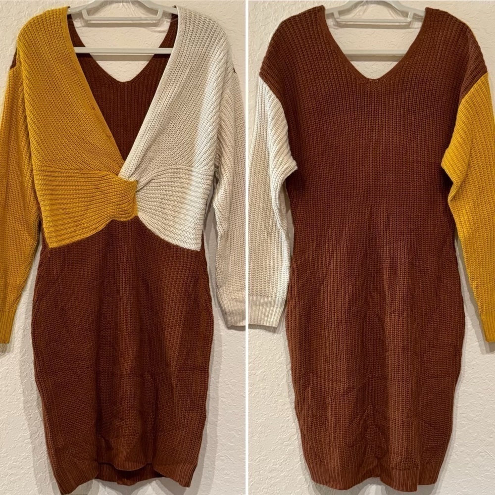 NEW Ashley Stewart Colorblock Cable Knit V-Back Knot Sweater Dress Size 14/16